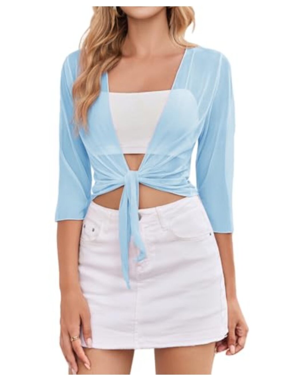 Women's Tie Front Mesh Shrug Bolero Cardigan 3/4 Sleeve